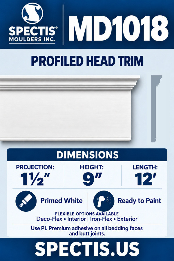 MD1018 profiled head trim, moulding view and CAD-derived grey side profile