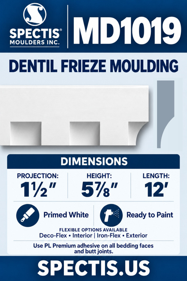 MD1019 dentil frieze moulding, moulding view and CAD-derived grey side profile