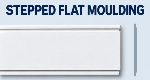 MD1023 stepped flat moulding, product face and CAD-derived grey side profile.