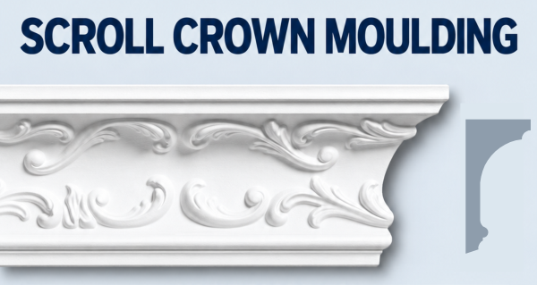 MD1024 scroll crown moulding, product face and CAD-derived grey side profile.