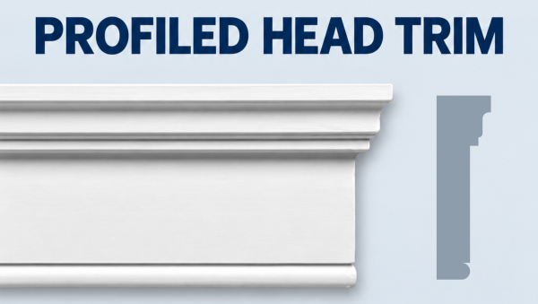MD1025 profiled head trim, product face and CAD-derived grey side profile.
