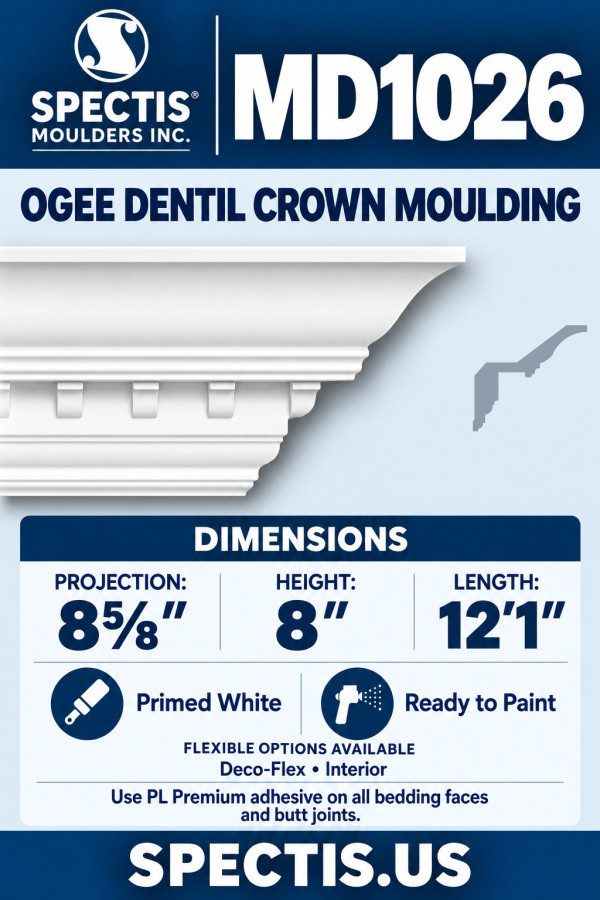 MD1026 ogee dentil crown moulding section and authoritative CAD side profile