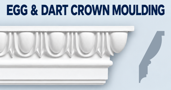 MD1031 egg-and-dart crown moulding, product face and CAD-derived grey side profile.
