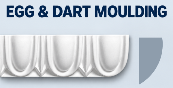 MD1032 egg-and-dart moulding, product face and CAD-derived grey side profile.