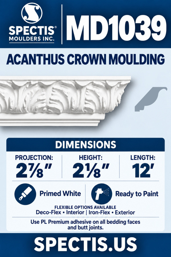 MD1039 acanthus crown moulding section and manufacturer CAD side profile