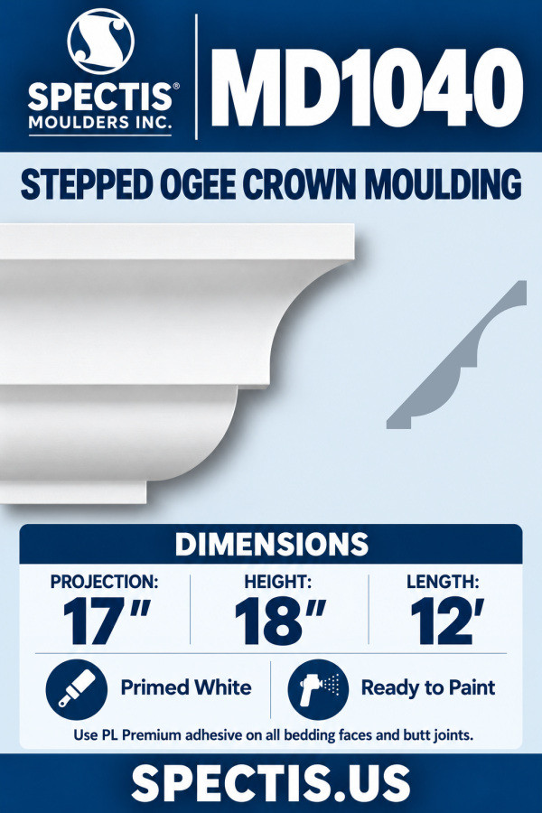 MD1040 stepped ogee crown moulding section and manufacturer CAD side profile