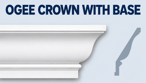 MD1042 ogee crown moulding with base, product face and CAD-derived grey side profile.
