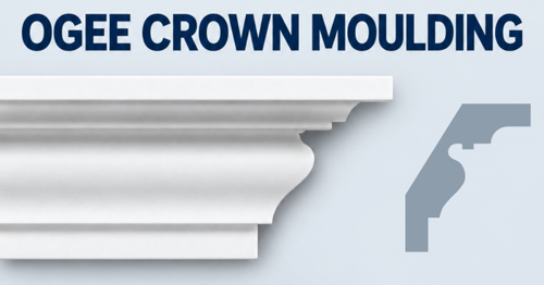 MD1044 ogee crown moulding, product face and CAD-derived grey side profile.