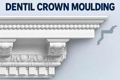 MD1064 dentil crown moulding, product face and CAD-derived grey side profile.