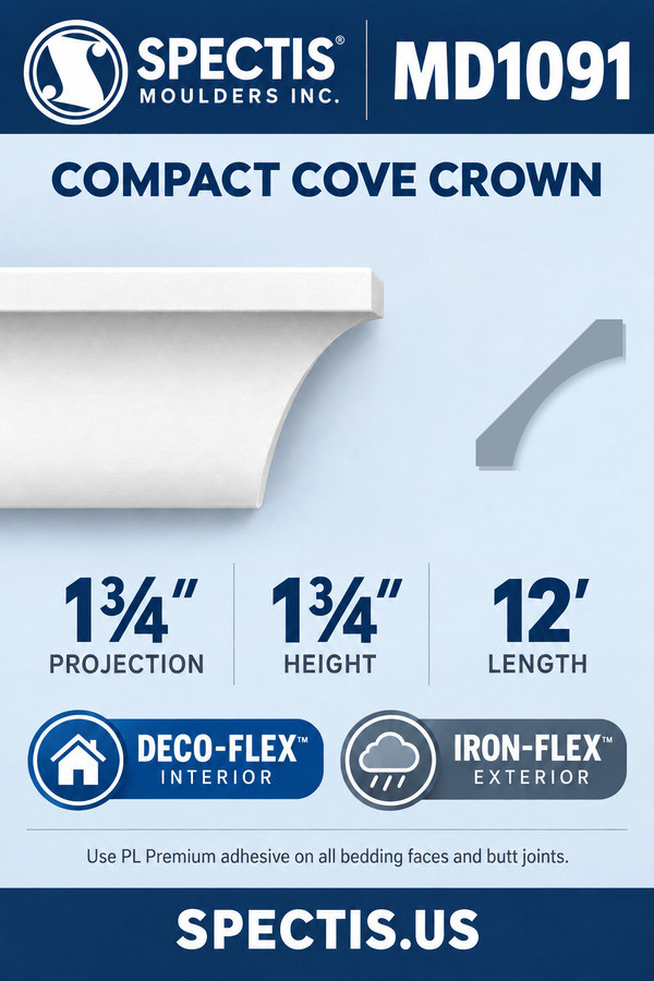 MD1091 compact cove crown moulding section and side profile