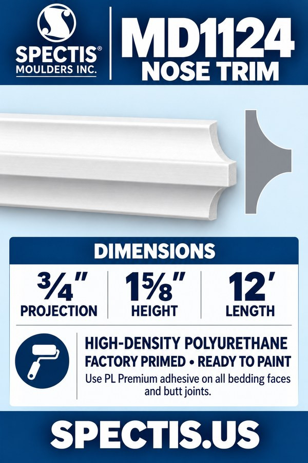 MD1124 Nose Trim — HDP polyurethane — ¾″ projection × 1⅝″ height × 12′ length; concave shoulders with a flat central nose.