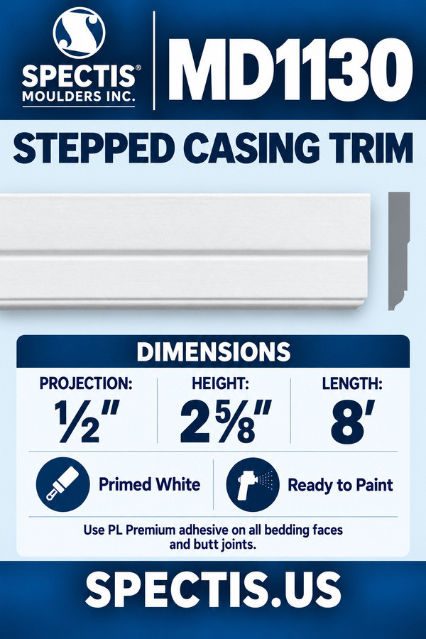 MD1130 Stepped Casing Trim — dimensions and matching side profile