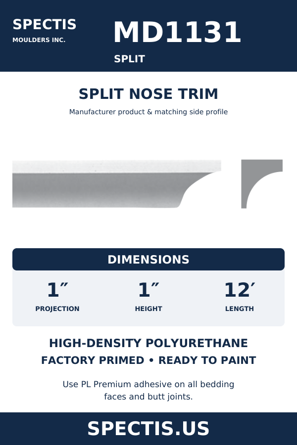 MD1131SPLIT Split Nose Trim — manufacturer moulding section and side profile