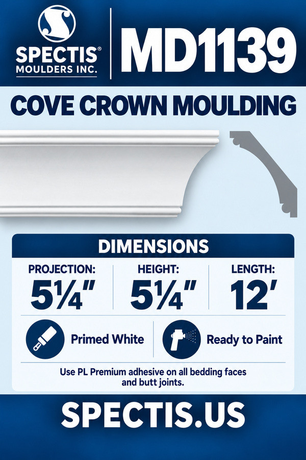 MD1139 Cove Crown Moulding — dimensions and matching side profile