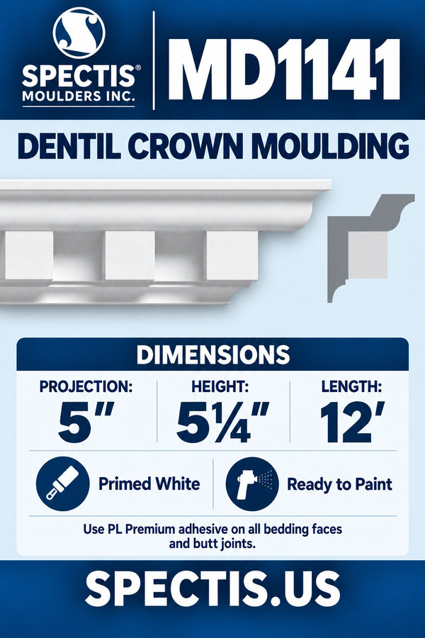 MD1141 Dentil Crown Moulding — dimensions and matching side profile