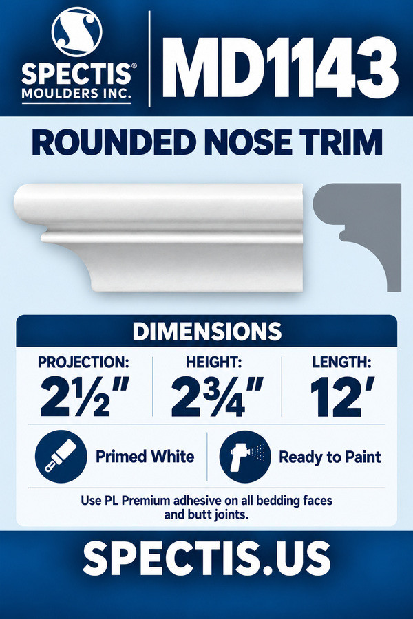 MD1143 Rounded Nose Trim — dimensions and matching side profile