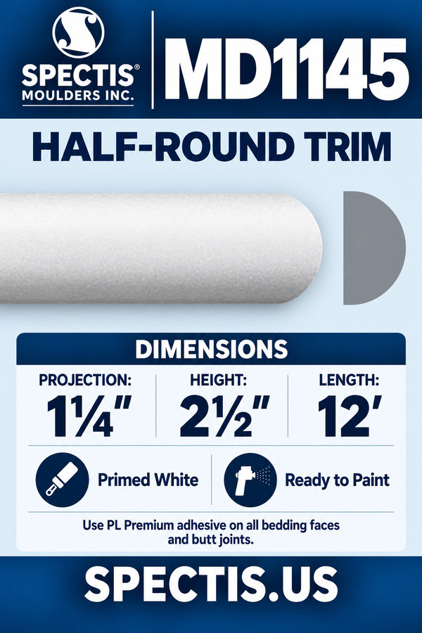 MD1145 Half-Round Trim — dimensions and matching side profile