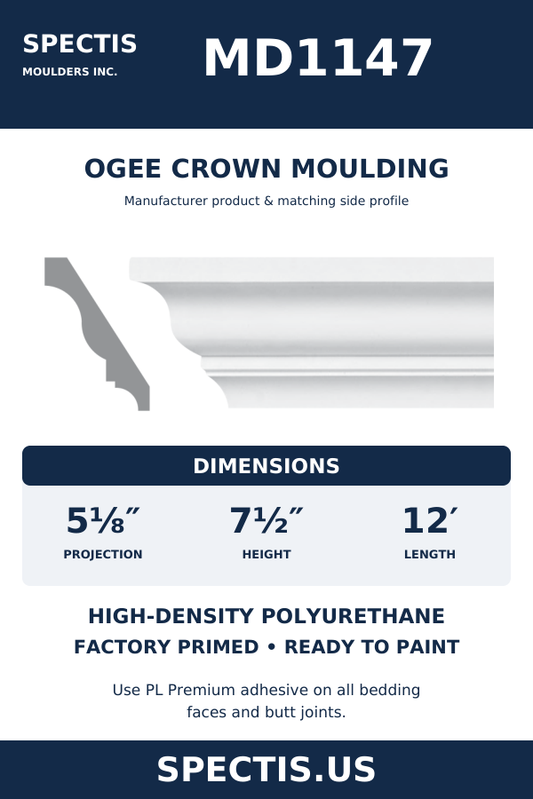 MD1147 Ogee Crown Moulding — manufacturer moulding section and side profile
