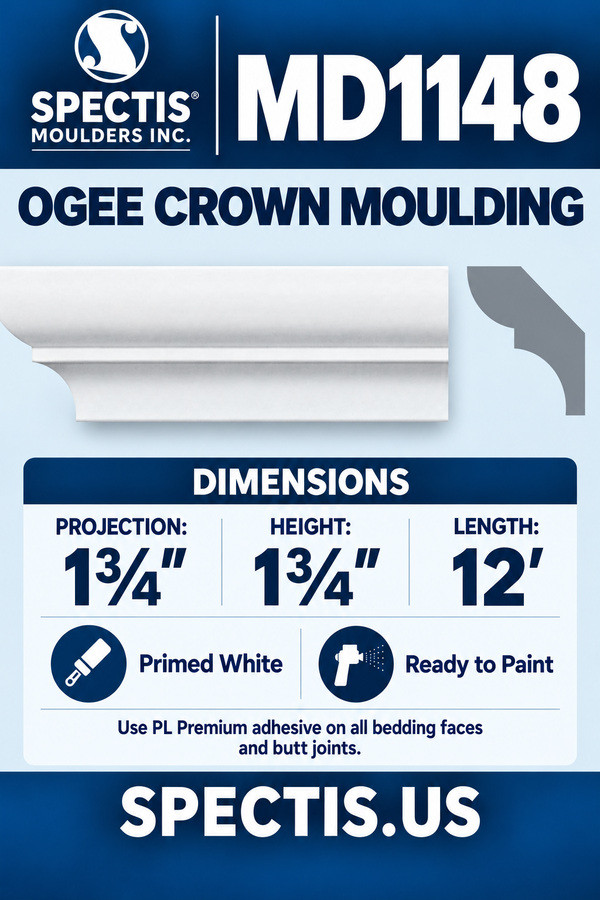 MD1148 Ogee Crown Moulding — dimensions and matching side profile