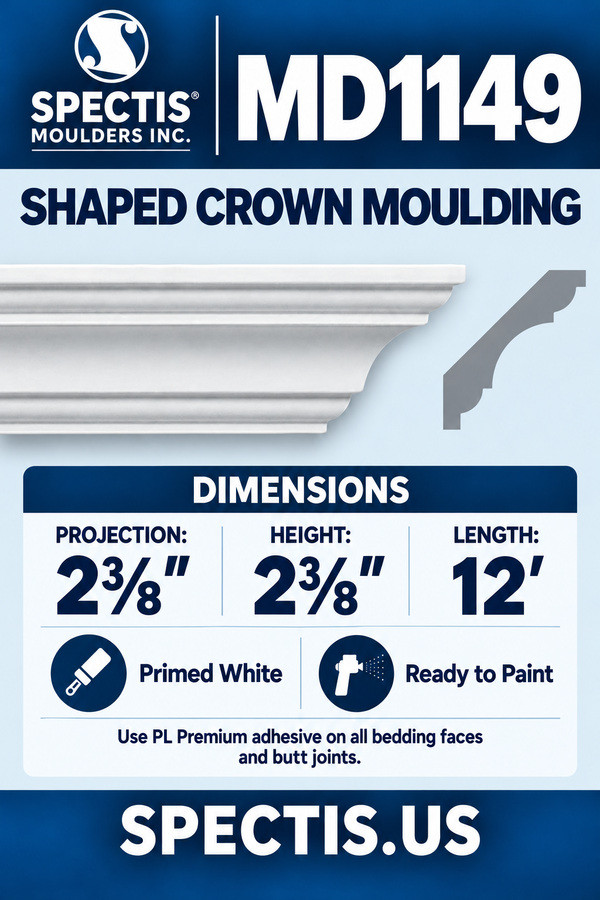 MD1149 Shaped Crown Moulding — dimensions and matching side profile
