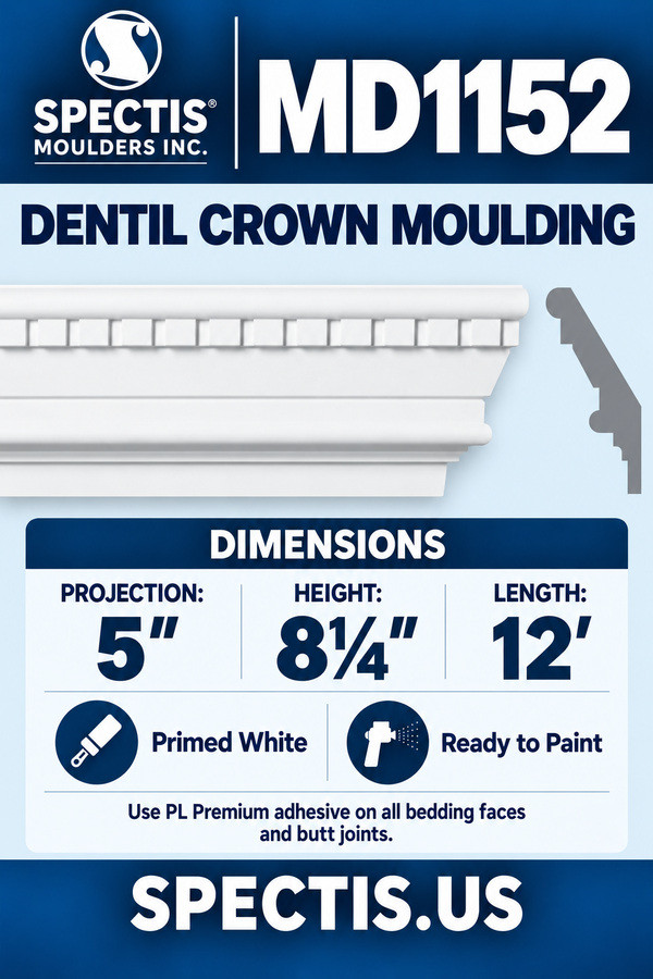 MD1152 Dentil Crown Moulding — dimensions and matching side profile