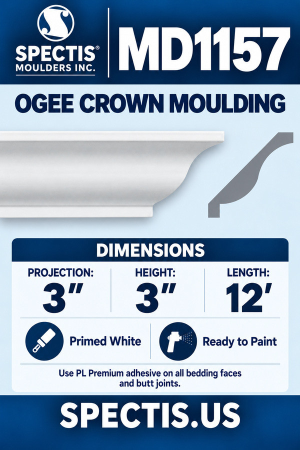 MD1157 Ogee Crown Moulding — dimensions and matching side profile