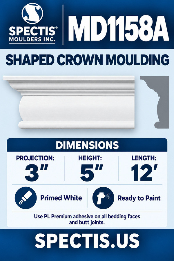 MD1158A Shaped Crown Moulding — dimensions and matching side profile