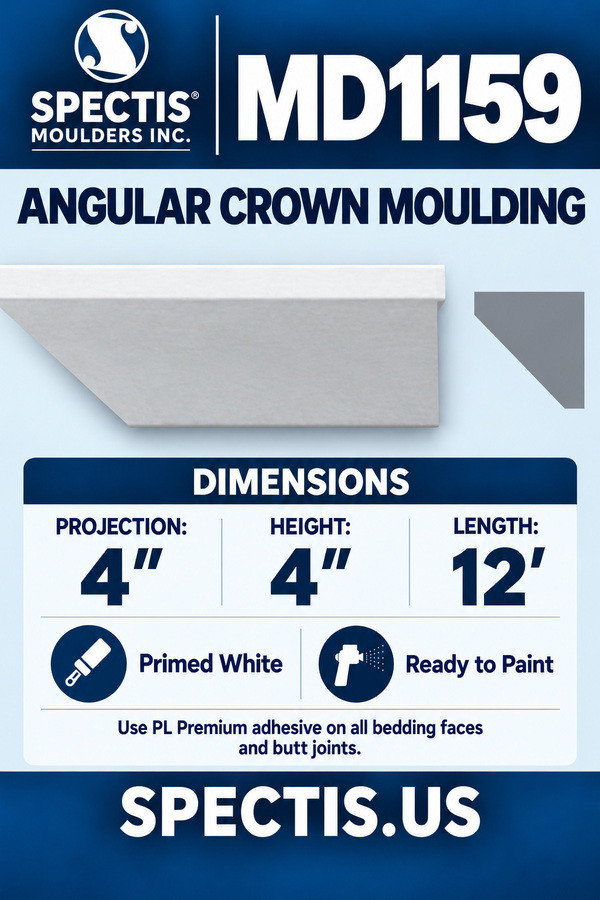 MD1159 Angular Crown Moulding — dimensions and matching side profile