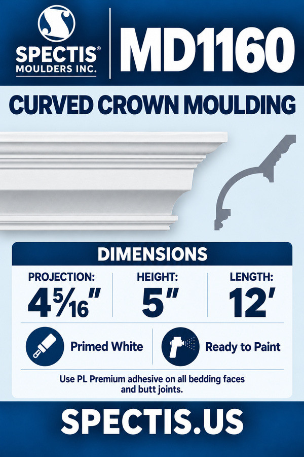 MD1160 Curved Crown Moulding — dimensions and matching side profile