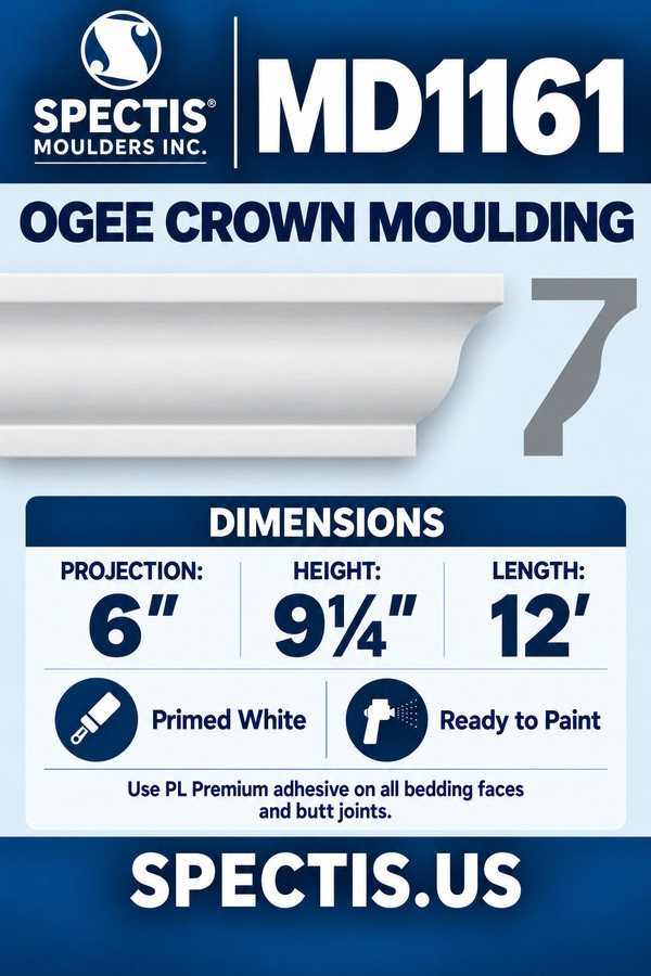 MD1161 Ogee Crown Moulding — dimensions and matching side profile