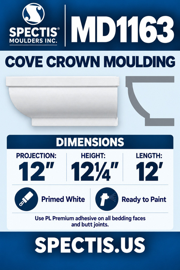 MD1163 Cove Crown Moulding — dimensions and matching side profile