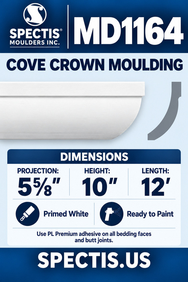 MD1164 Cove Crown Moulding — dimensions and matching side profile