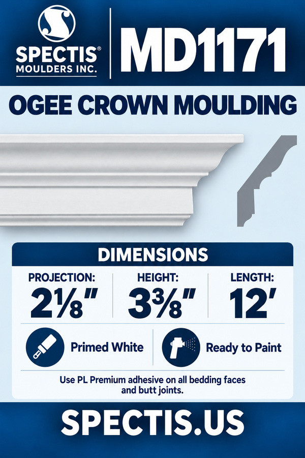 MD1171 Ogee Crown Moulding — dimensions and matching side profile