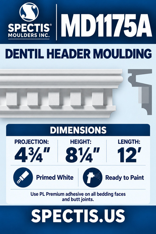 MD1175A Dentil Header Moulding — dimensions and matching side profile