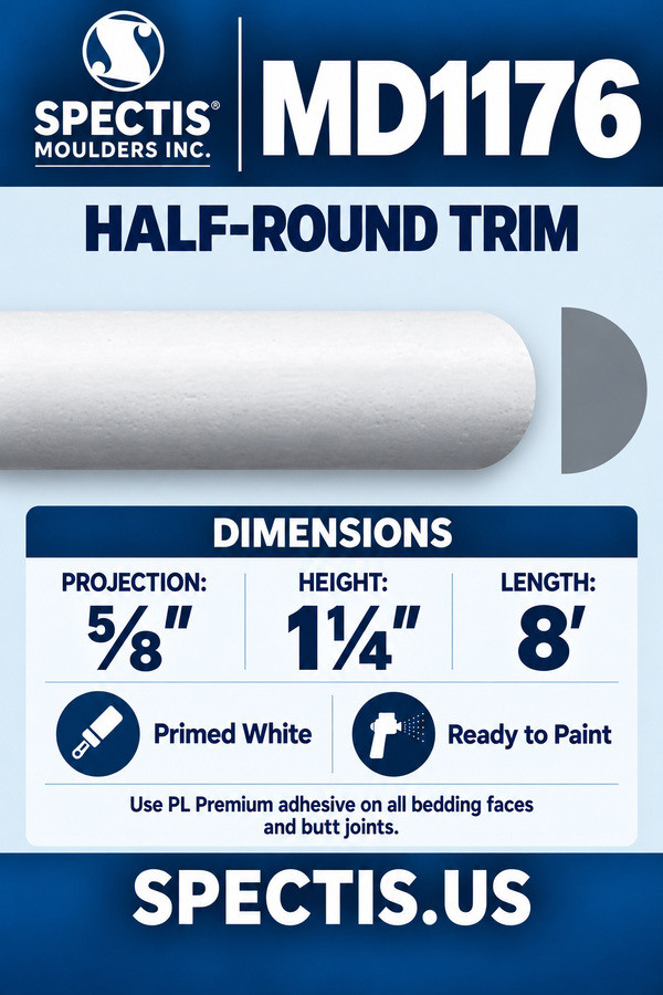 MD1176 Half-Round Trim — dimensions and matching side profile