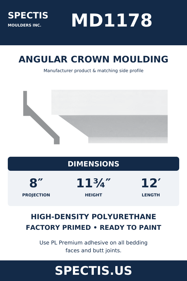 MD1178 Angular Crown Moulding — section and side profile