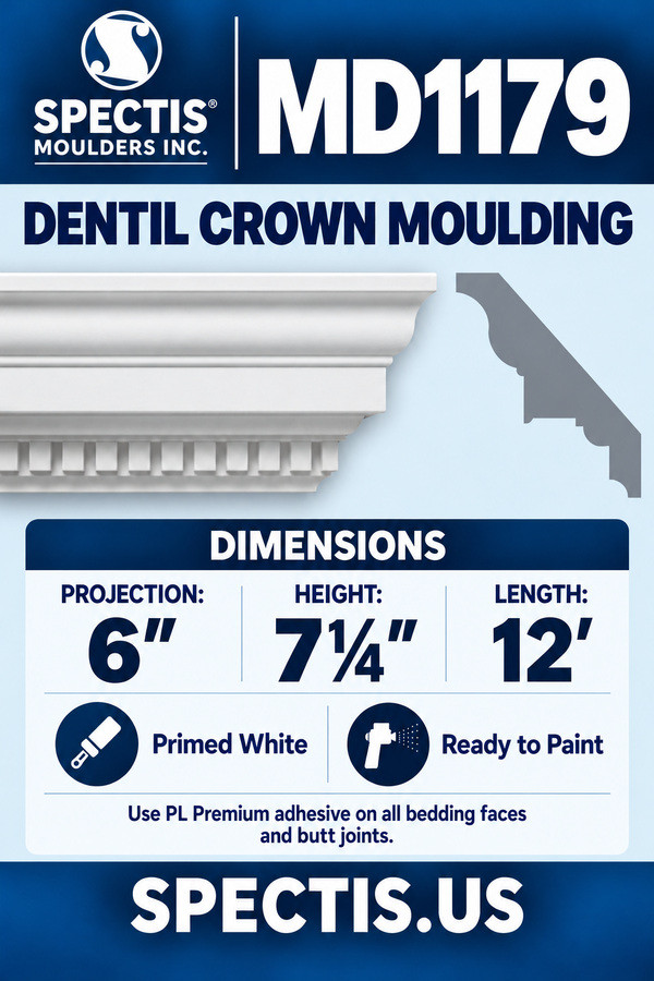 MD1179 Dentil Crown Moulding — dimensions and matching side profile