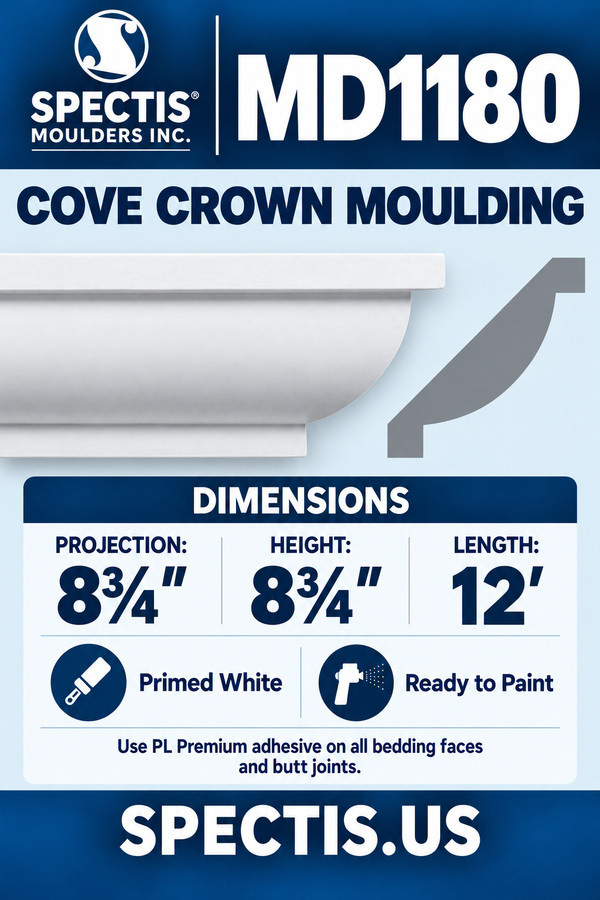MD1180 Cove Crown Moulding — dimensions and matching side profile