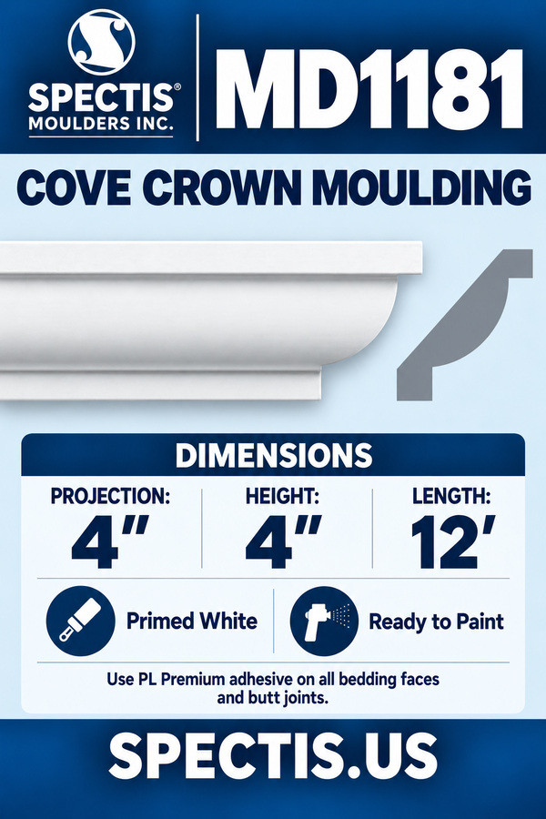MD1181 Cove Crown Moulding — dimensions and matching side profile