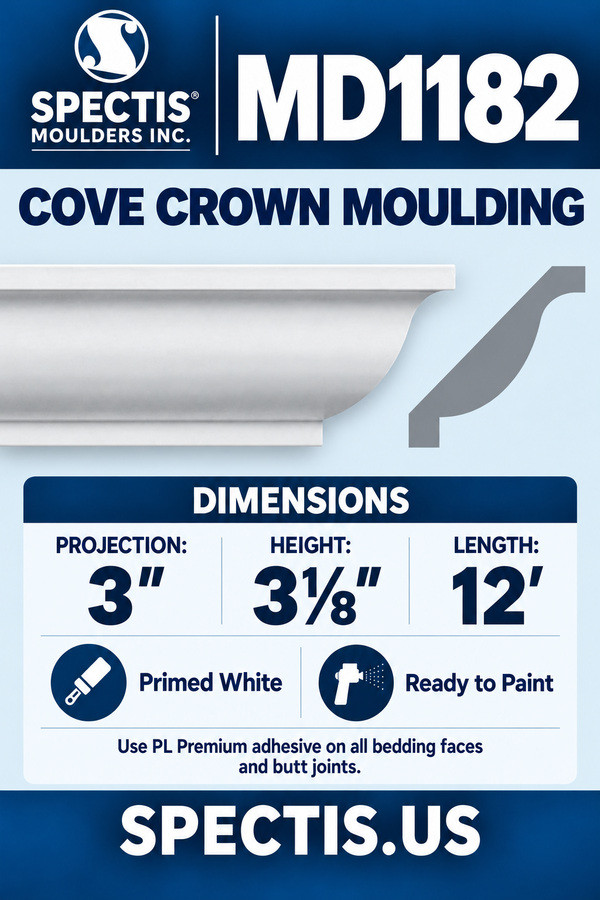 MD1182 Cove Crown Moulding — dimensions and matching side profile