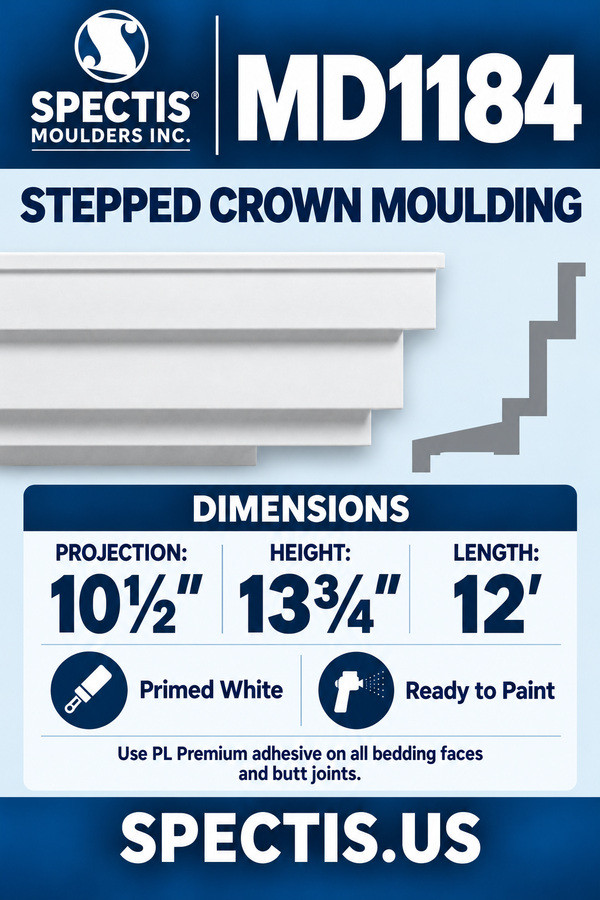 MD1184 Stepped Crown Moulding — dimensions and matching side profile
