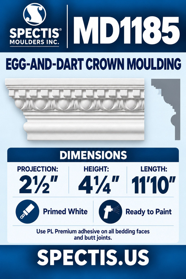 MD1185 Egg-and-Dart Crown Moulding — dimensions and matching side profile