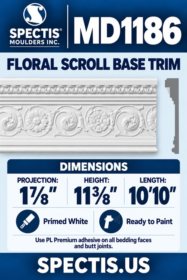 MD1186 Floral Scroll Base Trim — dimensions and matching side profile