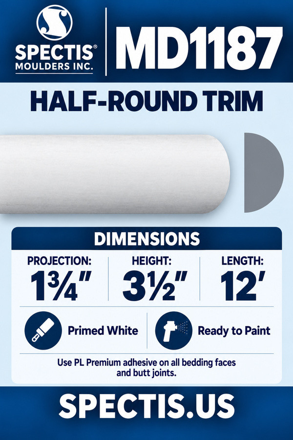 MD1187 Half-Round Trim — dimensions and matching side profile
