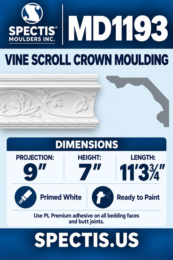 MD1193 Vine Scroll Crown Moulding — dimensions and matching side profile