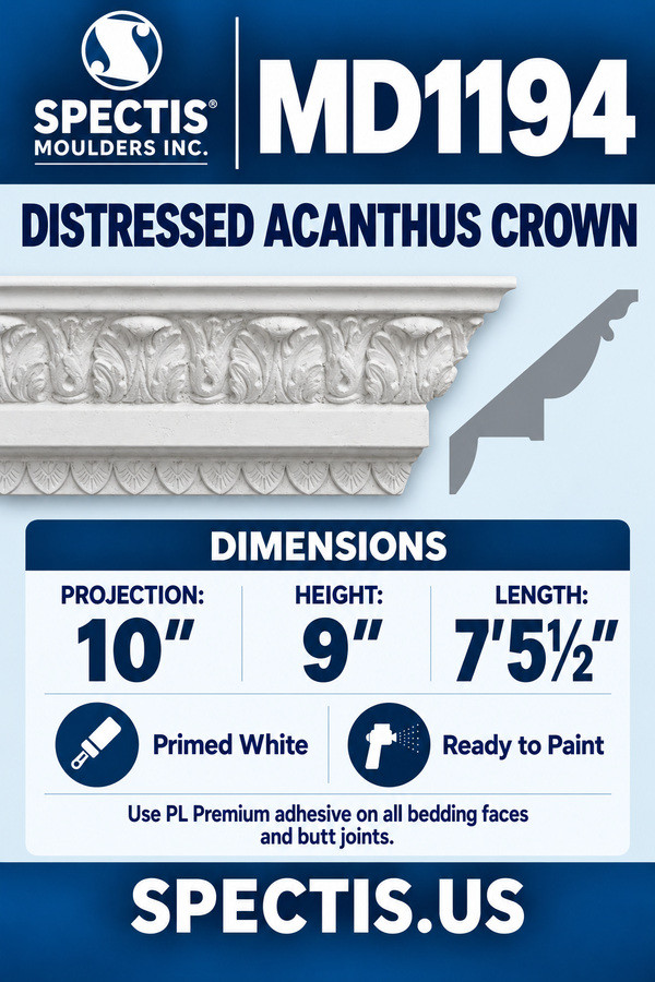 MD1194 Distressed Acanthus Crown — dimensions and matching side profile