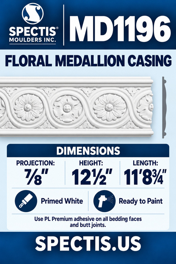 MD1196 Floral Medallion Casing — dimensions and matching side profile
