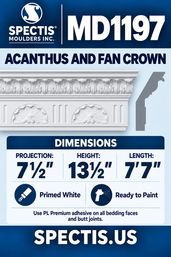 MD1197 Acanthus and Fan Crown — dimensions and matching side profile