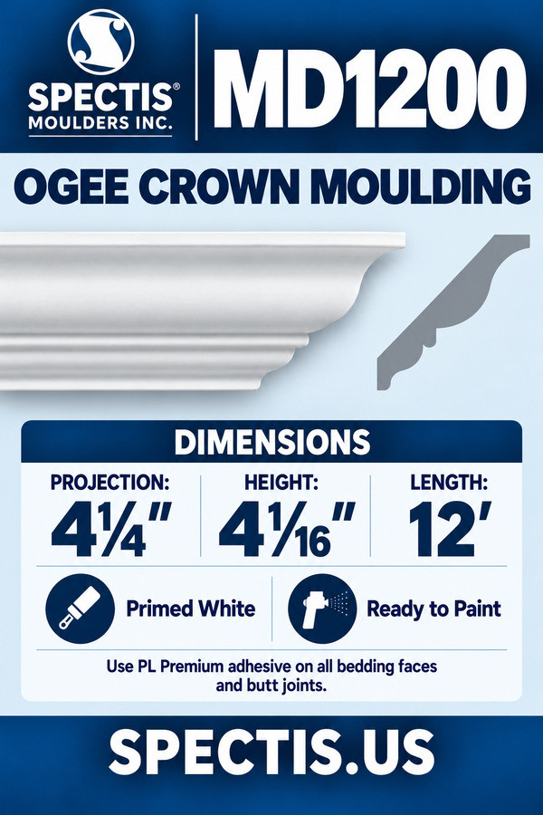 MD1200 Ogee Crown Moulding — dimensions and matching side profile