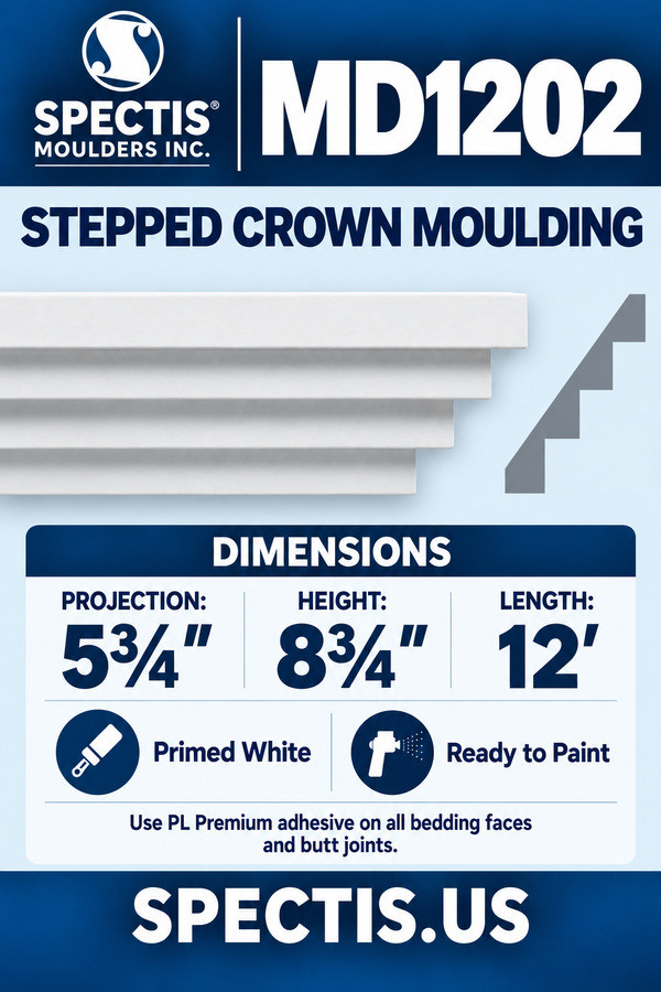 MD1202 Stepped Crown Moulding — dimensions and matching side profile